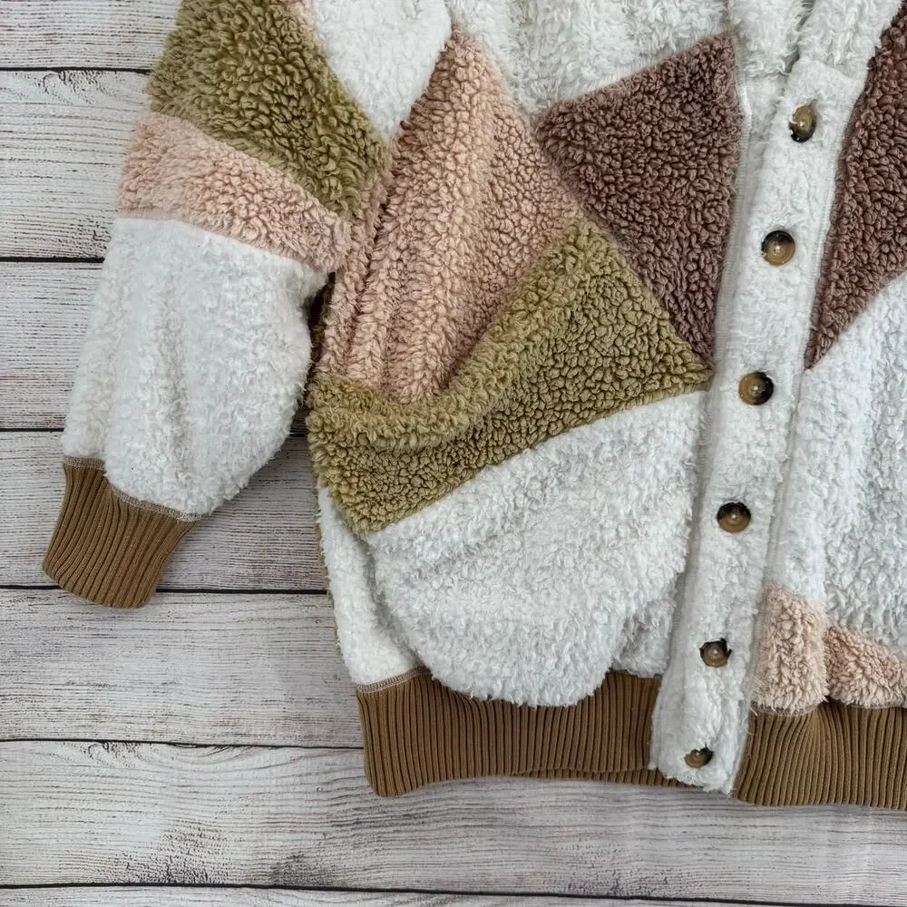 Free People Selma Cardi Colorblock Sherpa Cardigan Sweater Womens L‎ White Brown